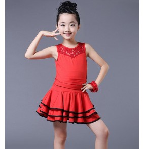 Red black lace patchwork girls kids children competition performance professional gymnastics spandex latin samba salsa cha cha dance dresses skirts outfits costumes